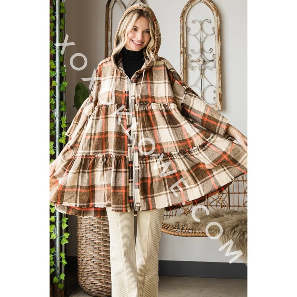 Oli & Hali Brown Plaid Hooded Poncho Jacket | Zip Up Layer